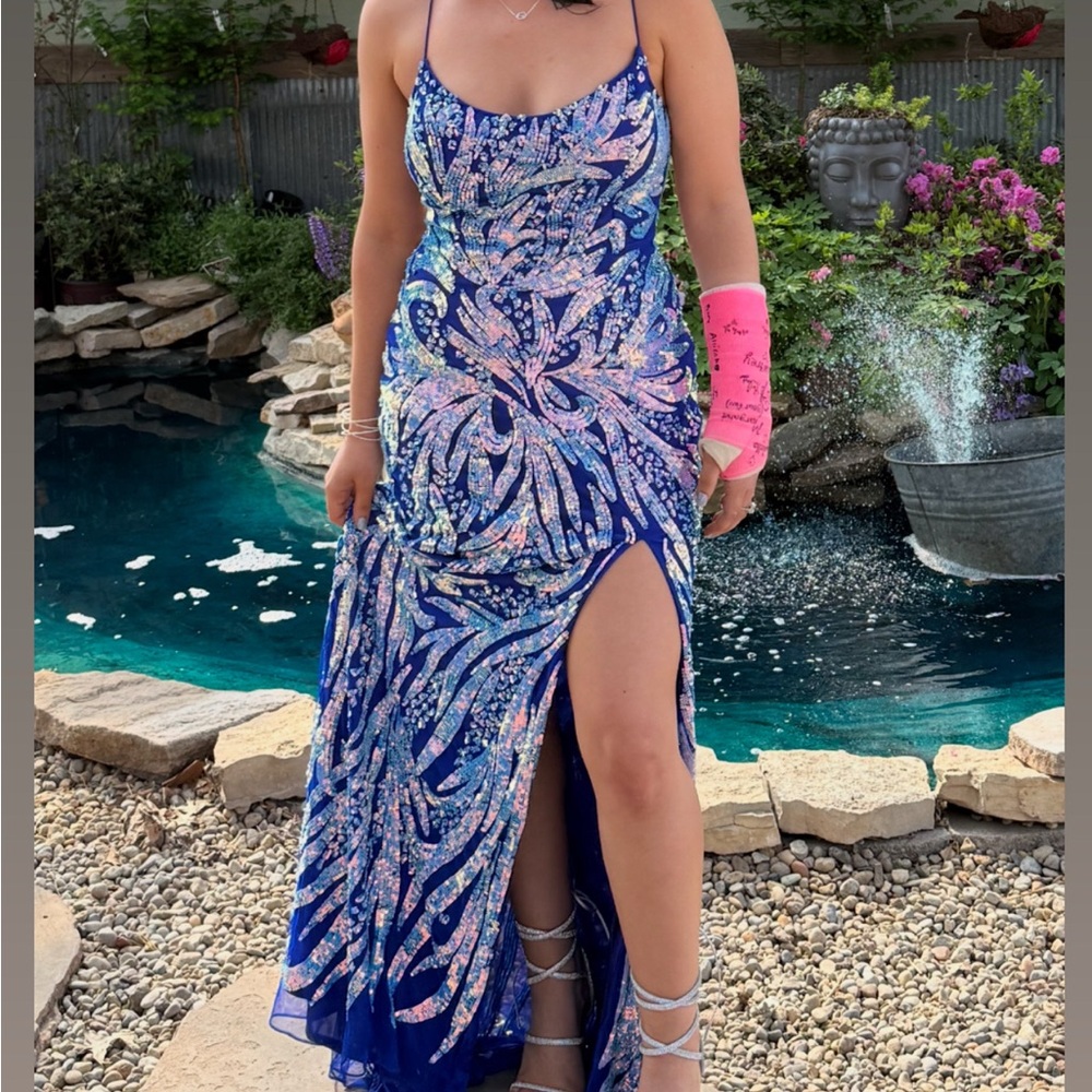 Primavera Blue Sequins Prom Dress